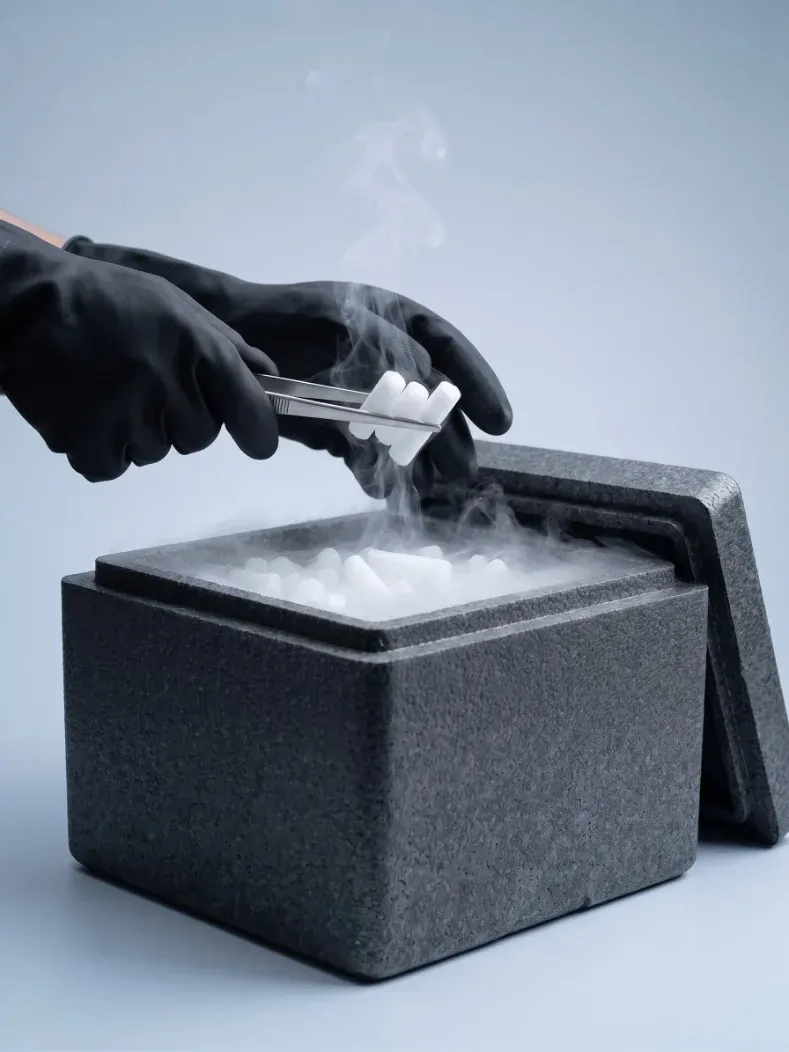 Manipulación de hielo seco con guantes y pinzas