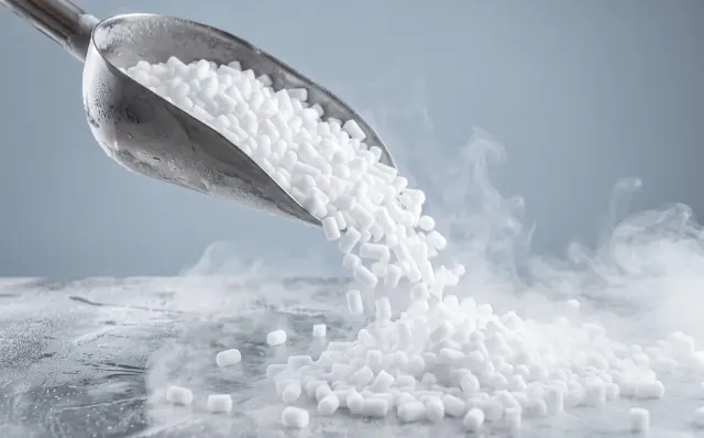Pellets de hielo seco vertidos con una pala